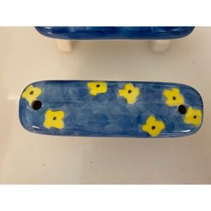 Vtg Hand Painted Ceramic 10‎ Available Floral Drawer Pulls Blue Yellow 3" Center